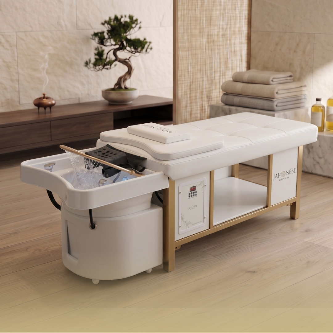 Japanese Head Spa White Full Bed Hybrid Unit with Gold Frame- PLUMBED (inc. Steamer, Steamer Hood & Water Heater)