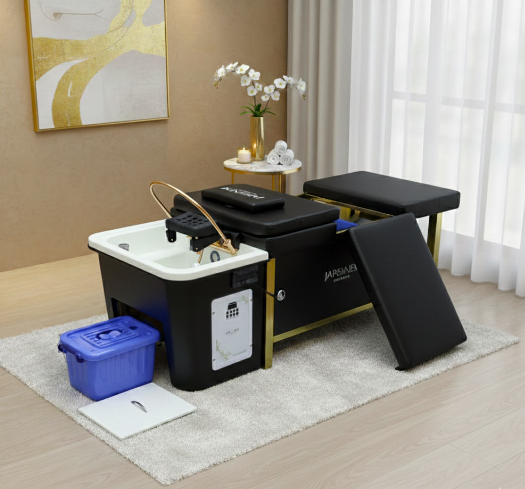 438-e1777292862860.png Japanese Head Spa Black Full Bed Unit with Gold Frame- Non-Plumbed