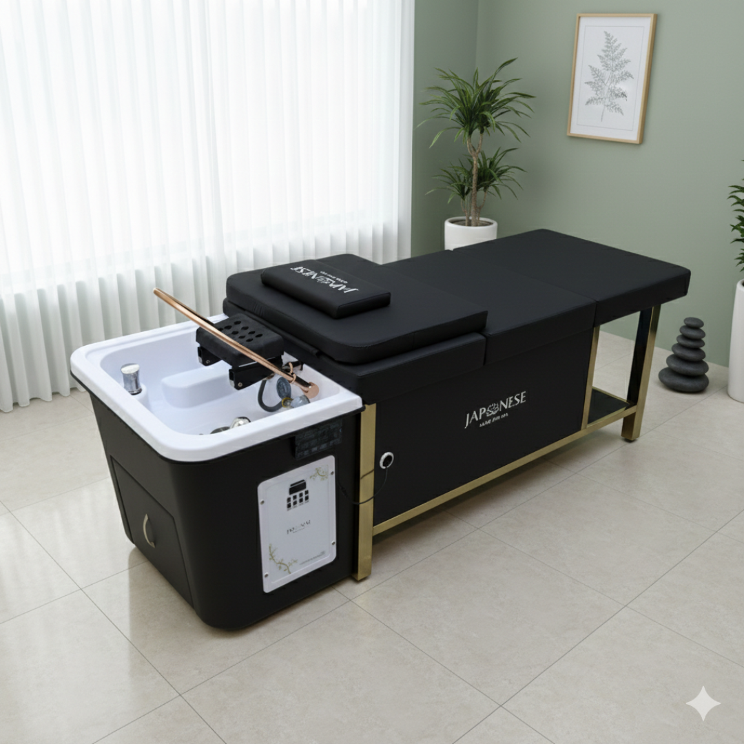 439-1.png Japanese Head Spa Black Full Bed Unit with Gold Frame- Non-Plumbed