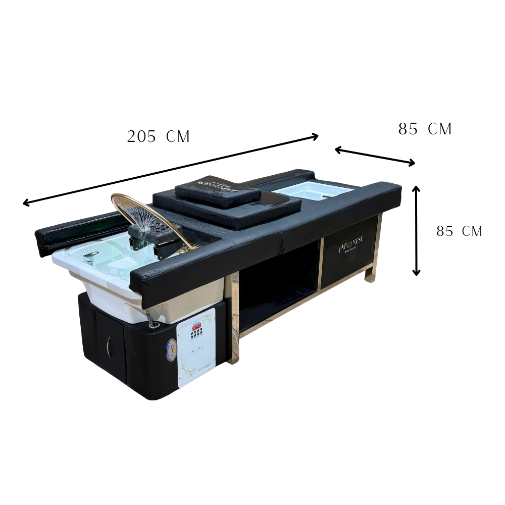 uk-foot-spa-bed-measurement.png Japanese Head Spa Black Full Bed with Foot Spa Plumbed - with Electric Back Rest (inc. Steamer, Steamer Hood & 2 x Water Heater)