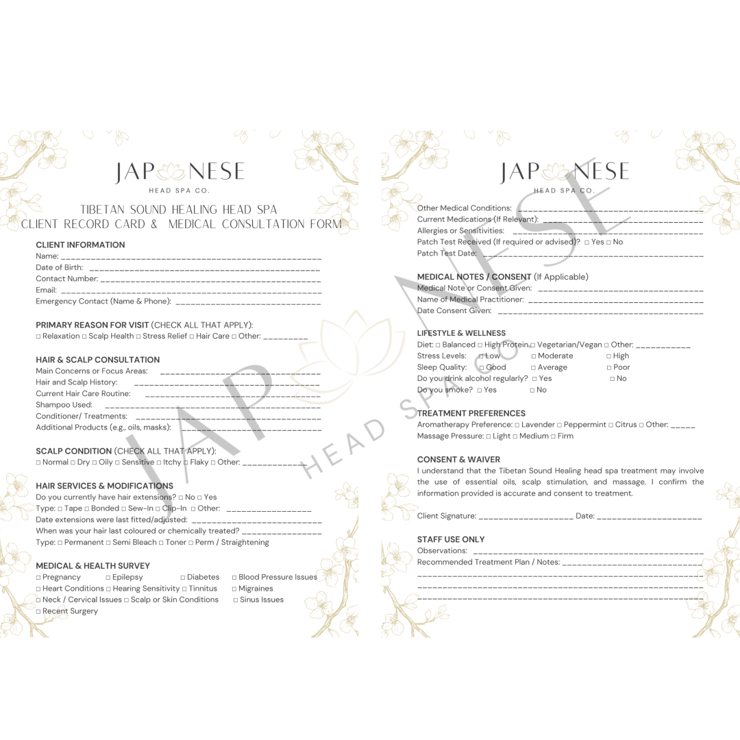 Tibetan sound healing head spa consultation forms